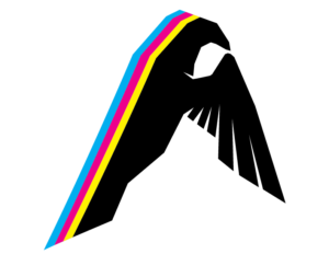 Logo of a black bird resembling the letter A, with a yellow, magenta, and cyan outline. Making it the CMYK color palette